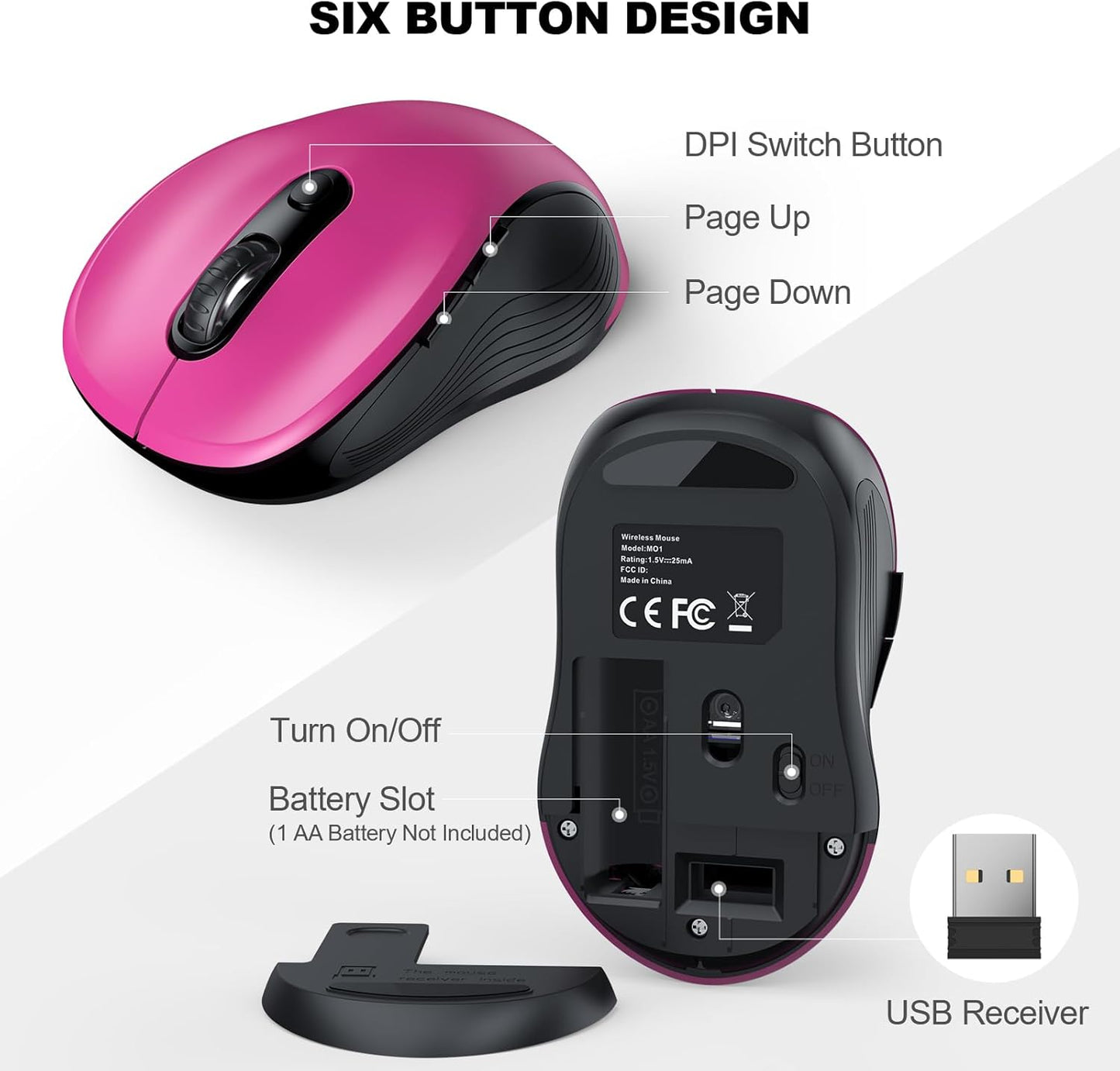 WisFox 2.4G Wireless Mouse for Laptop, Ergonomic Computer Mouse with USB Receiver and Type-C Adapter, 3 Adjustable Levels, 6 Button Cordless Wireless Mice for Windows Mac PC Notebook (Fuchsia)