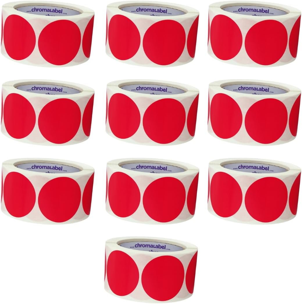 ChromaLabel 2 Inch Round Circle Stickers, Permanent Adhesive Dots for Color Coding, Blank Circle Labels for Office and School, Red Dot Stickers - 500 Labels per Roll, Red - Case of 10