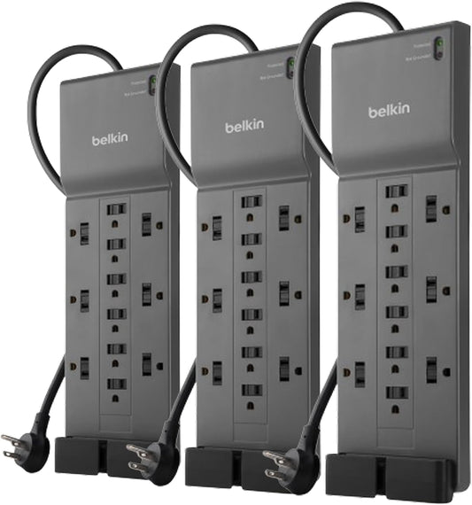 Belkin 12-Outlet Surge Protector Power Strip w/ 12 AC Outlets & 8ft Flat Plug, UL-Listed Heavy-Duty Extension Cord for Home, Office, Travel, Computer, Laptop, Charger - 3,940 Joules, Pack of 3