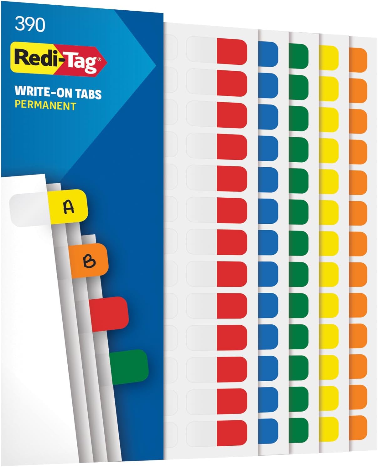 Redi-Tag Write-On Tabs, Permanent Adhesive Index Tabs, Assorted Primary Colors: Yellow, Orange, Red, Blue and Green, 1" x 7/16", 390 Pack (1009303)