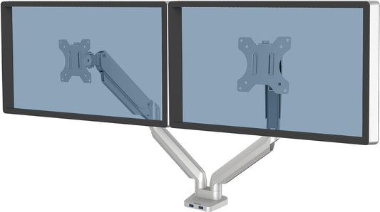 Fellowes Platinum Series Dual Monitor Arm for 40-Inch Monitors, Full Motion, 360° Rotation, VESA Mount with Grommet or Clamp, USB Ports, Ergonomic, Silver, 8056501