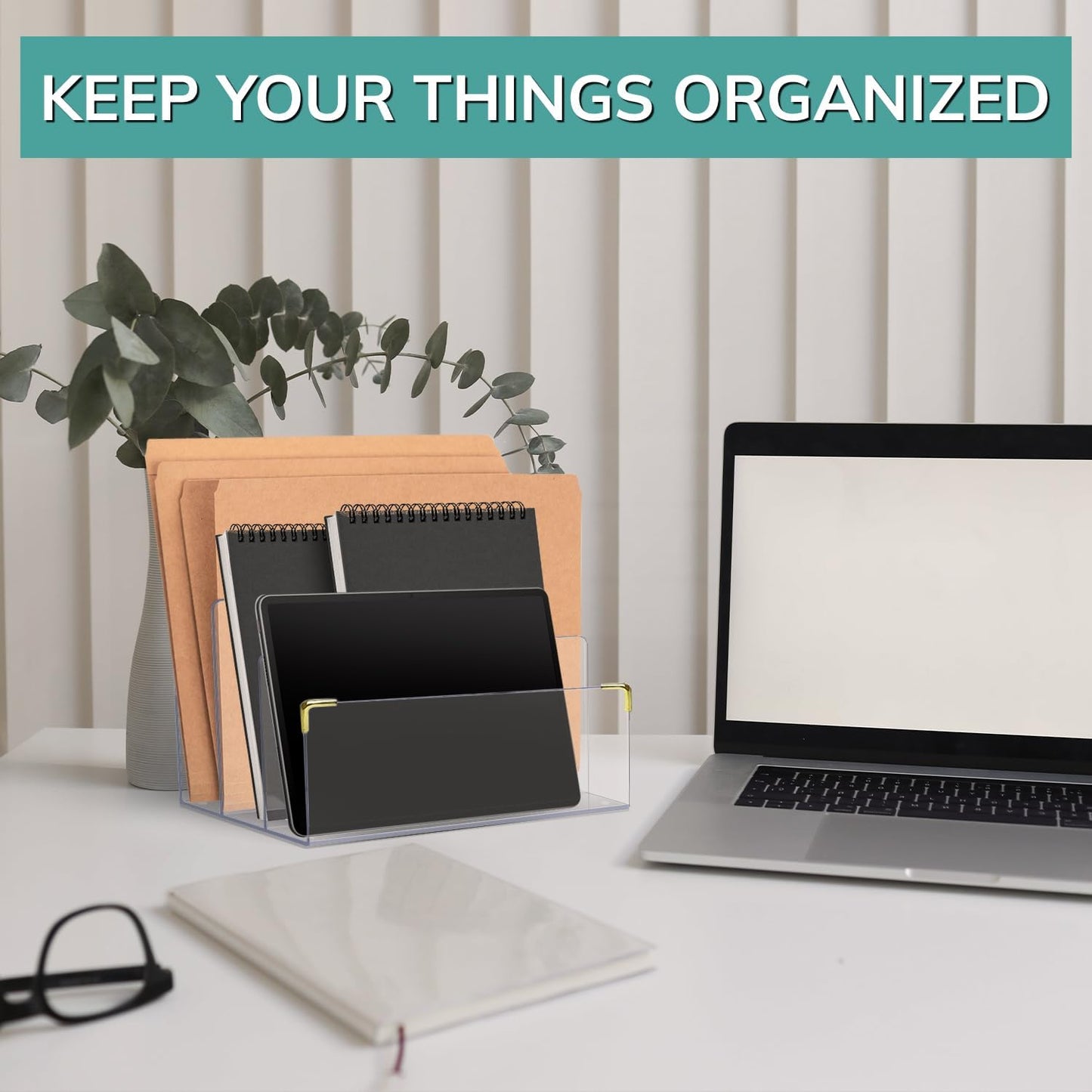 pbf Acrylic File Holder | Clear File Organizer for Desk w/Gold Accents | Acrylic Desk Organizer, Folder Holder, Mail Sorter, File Stand, Magazine Divider, Laptop, Notebook, & Letter Organizer