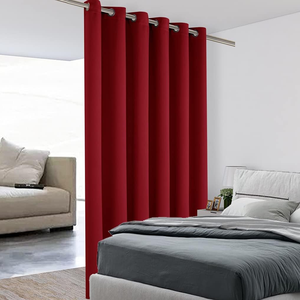 BONZER Wide Room Divider Blackout Curtain Total Privacy Wall Room Darkening Grommet Curtains for Shared Room, 96L x 70W Inch (8L x 5.8W ft), 1 Panel, Red