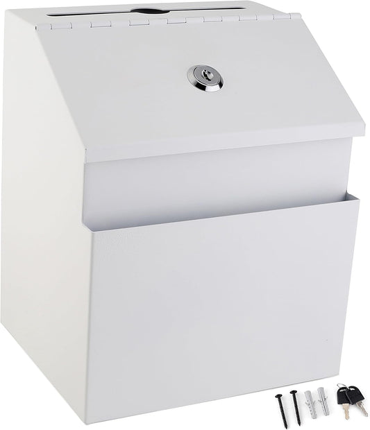 Suggestion Box with Lock and keys, Metal Wall Mounted Ballot Box, Iron steel Donation and Collection Drop Box 8.5" H x 6" W x 7" L with wide 5.5" Slot and front sheet holder (White)
