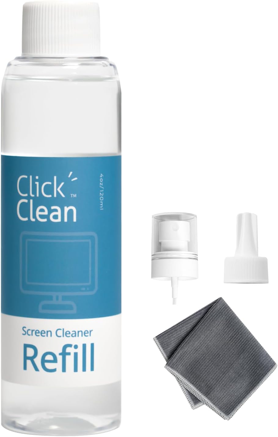Click Clean Screen Cleaner Refill Kits - 4 oz Cleaner Refill and 1 Microfiber Cloth(7.8 x 7.8in), 1 Mini Refill Funnel + 1 Sprayer - Specially Designed for Click Clean Cleaning Products