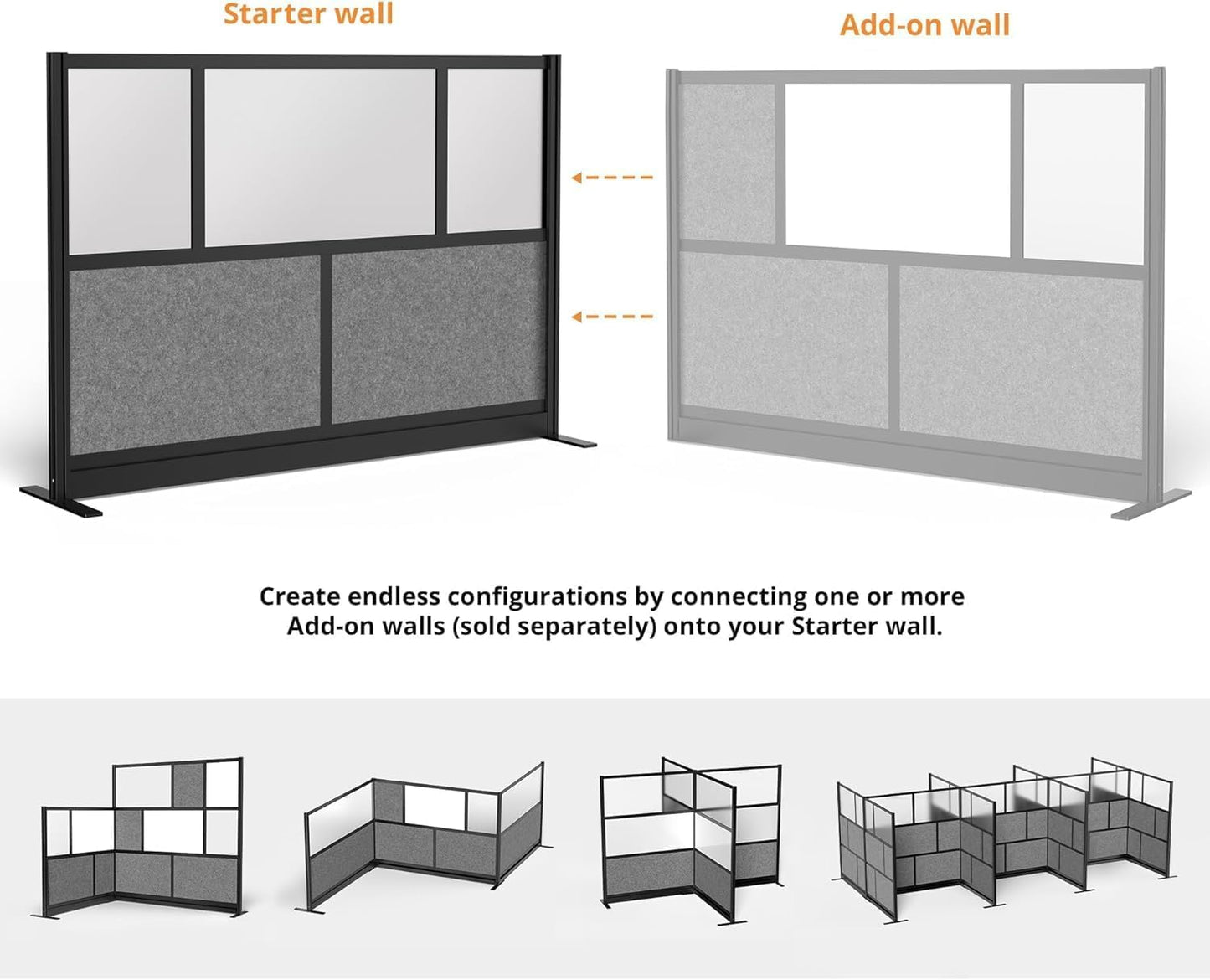 Stand Up Desk Store Expanse Modular Wall | 70'' x 48'' Wall | Expandable Partition Room Divider with Rearrangeable Frosted Acrylic & Sound Absorbent Panels (Black Frame)