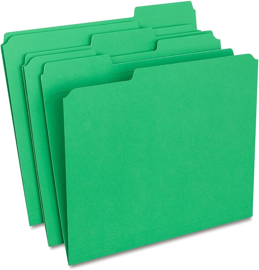Staples 508960 Colored File Folders w/Reinforced Tabs Letter 3 Tab Green 100/Box