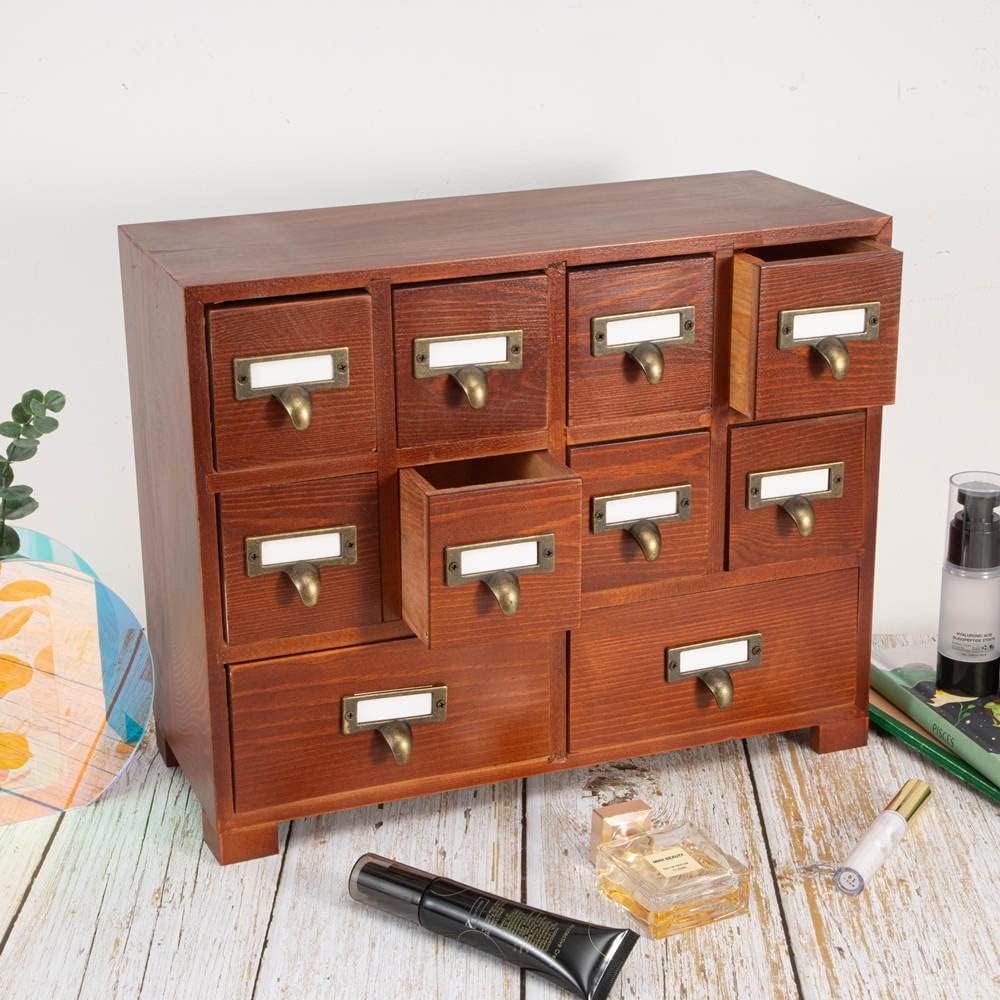 Apothecary Cabinet with 10 Drawers & Labels Rustic Library Card Catalog Cabinet Desktop Wooden Storage Box for Organize Herbal、Tea Bag、Jewelry (Brown)