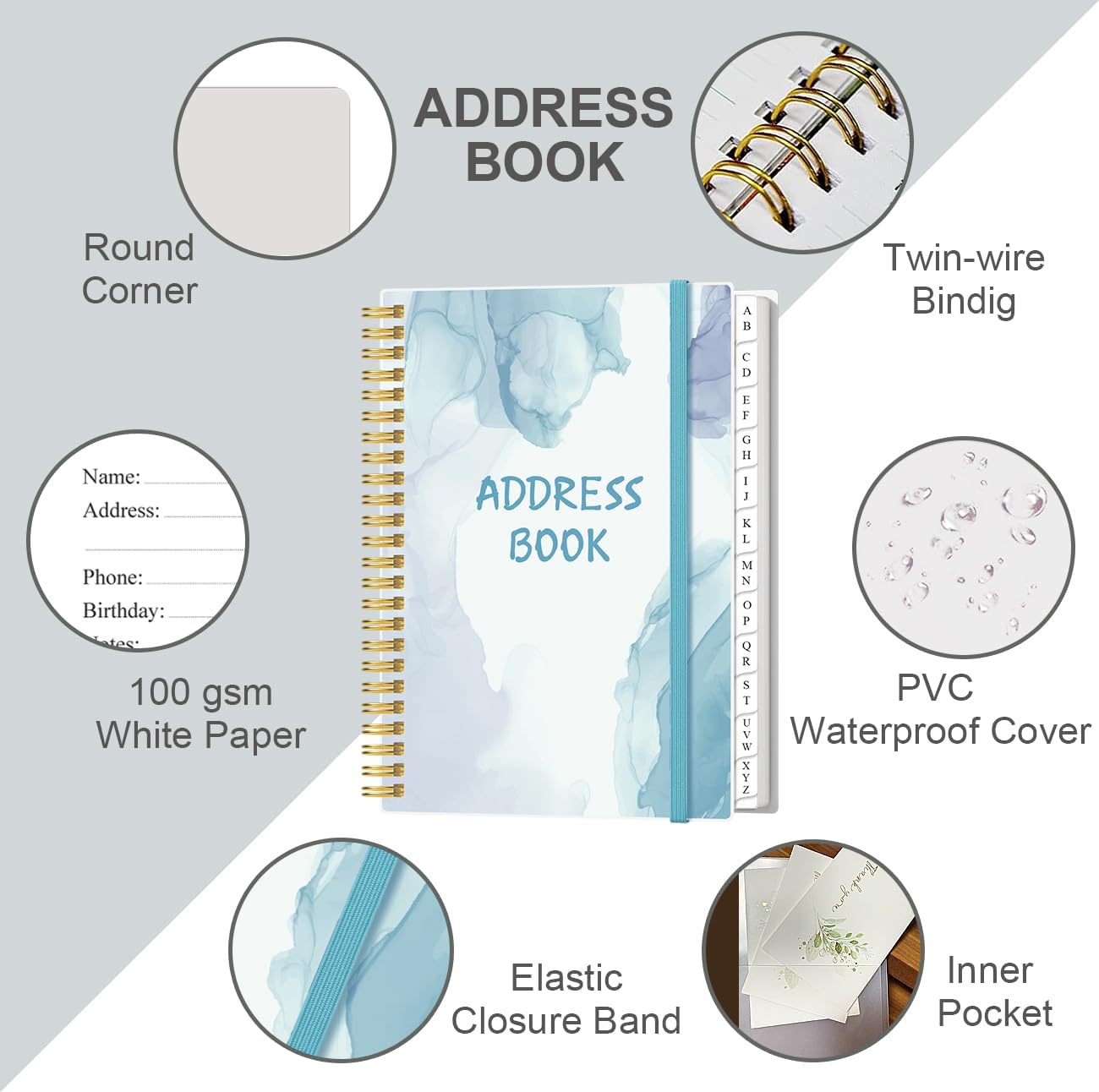Address Book with Alphabetical Tabs - A5 Telephone & Address Book with Address Contacts, Special Date, Phone, Birthday & Internet Login Password for Home and Office, 6.2" x 8.5", Blue Watercolor