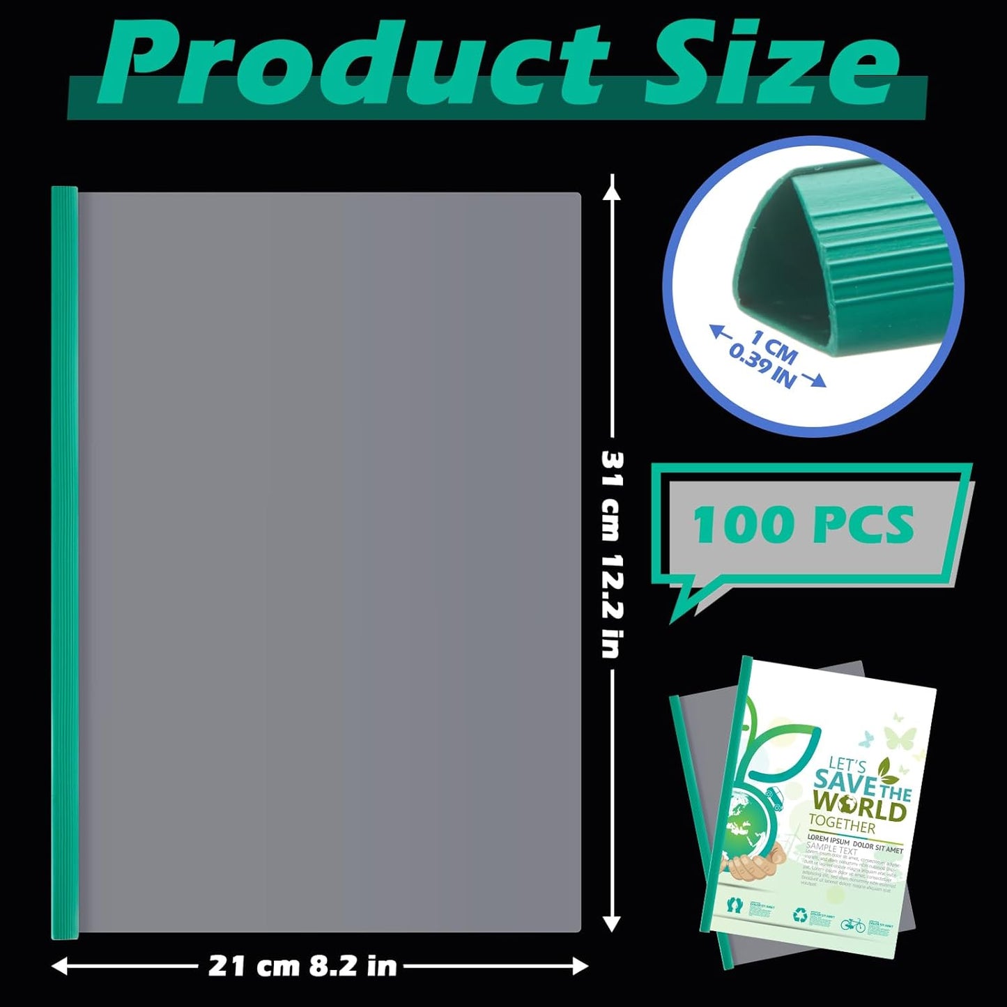 Thenshop 100 Pcs Clear Report Covers with Sliding Bars Sliding Bar File Folder Binder Plastic Report Folder for File Paper Book Resume Letter Office, 30 Sheet Capacity(Green)