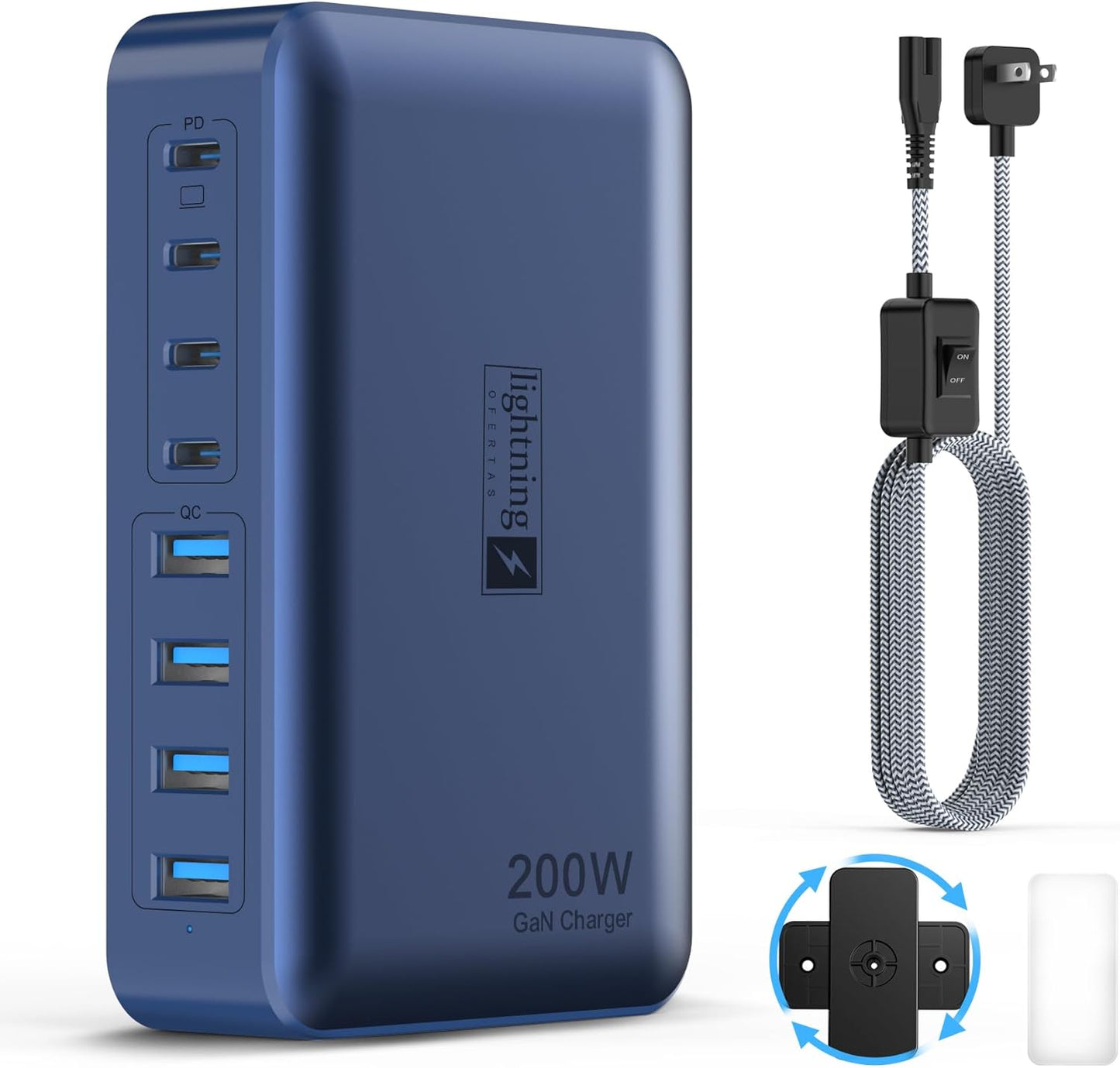 8-Port iPhone Charger Fast Charging 200W with Flat Plug, Braided Power Cord, and On/Off Switch- USB Charging Hub for iPhone, iPad, MacBook and More- 65W C Port Power Adapter for Laptops