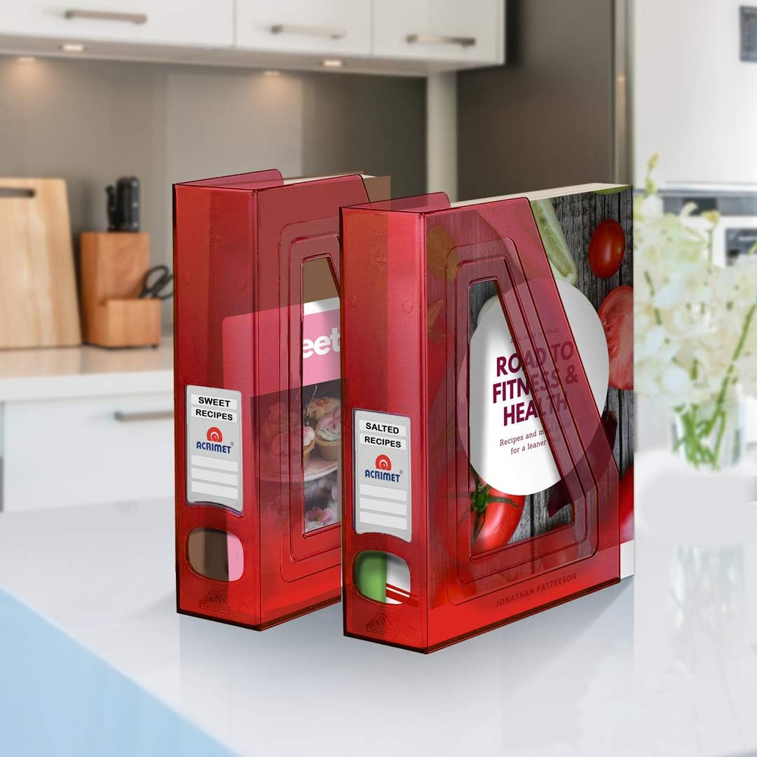 Acrimet Magazine File Holder, Durable Rack, Space-Saving Organizer (Plastic) (Clear Red Color) (2 Pack)