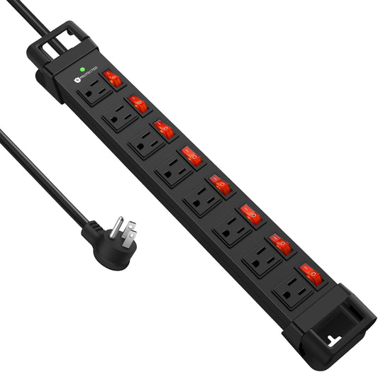 Heavy Duty Power Strip with Individual Switches,8 Outlets 14 Gauge Industrial Shop Garage Metal Multiple Outlets,1200J Surge Protector Mountable Power Strip,10FT Extension Cord Management(Black)
