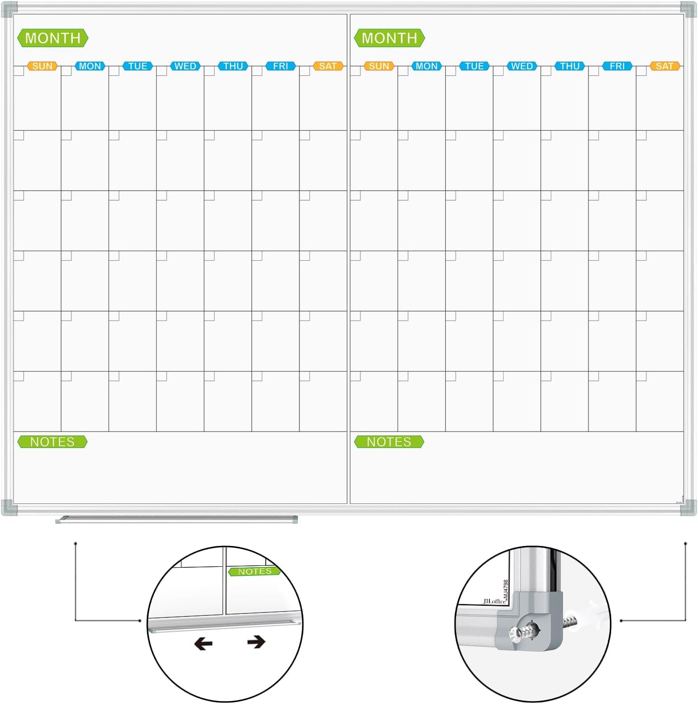 JILoffice Magnetic Dry Erase Calendar Whiteboard, 2 Month White Board Planner 48 X 36 Inch, Silver Aluminum Frame Wall Mounted Board for Office Home and School