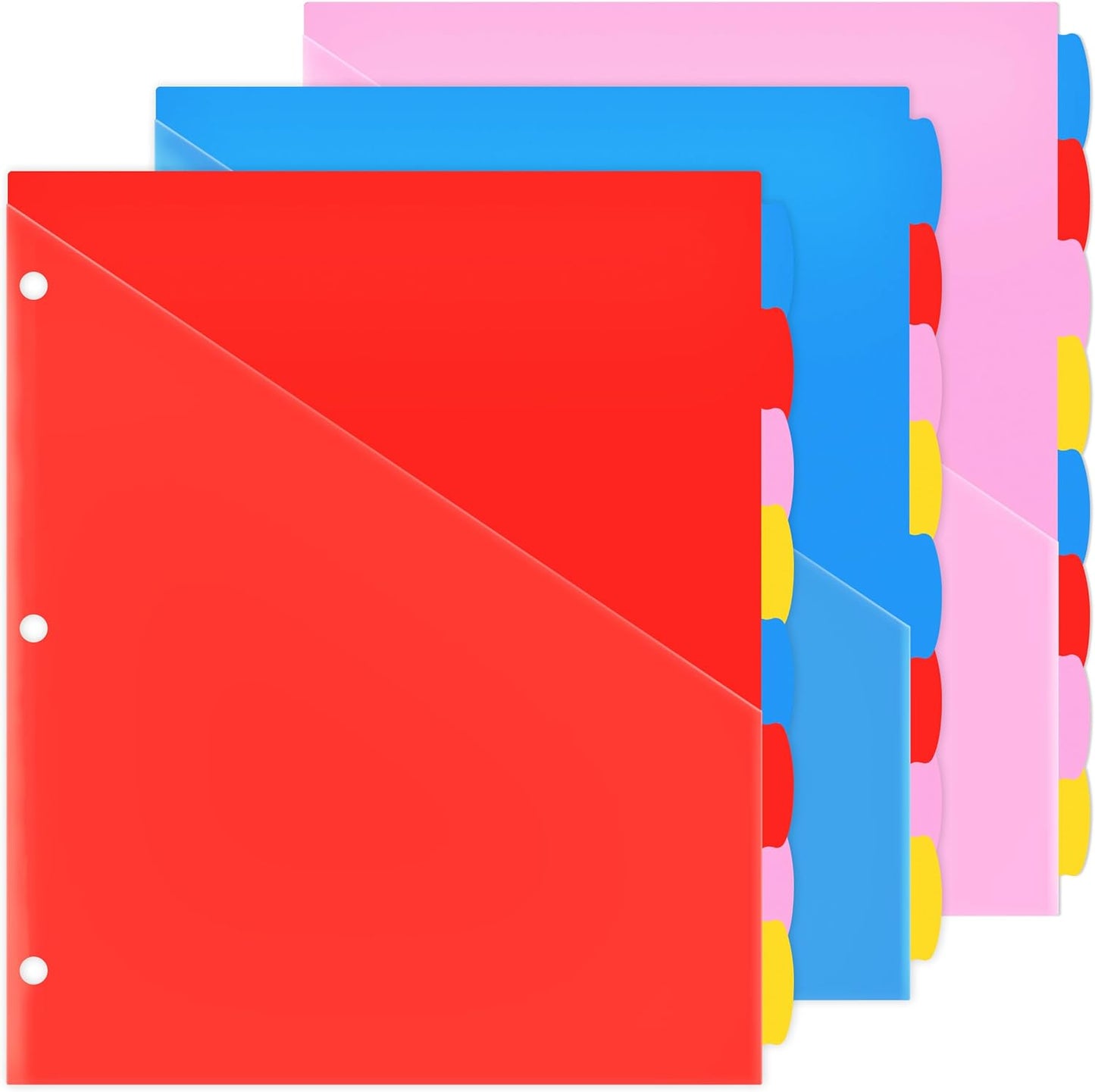 8 Tabs Plastic Dividers with Clear Front Pocket - 3 Sets, Pocket Dividers for 3 Ring Binder, Multi-Color Binder Dividers, Total 24 Tabs