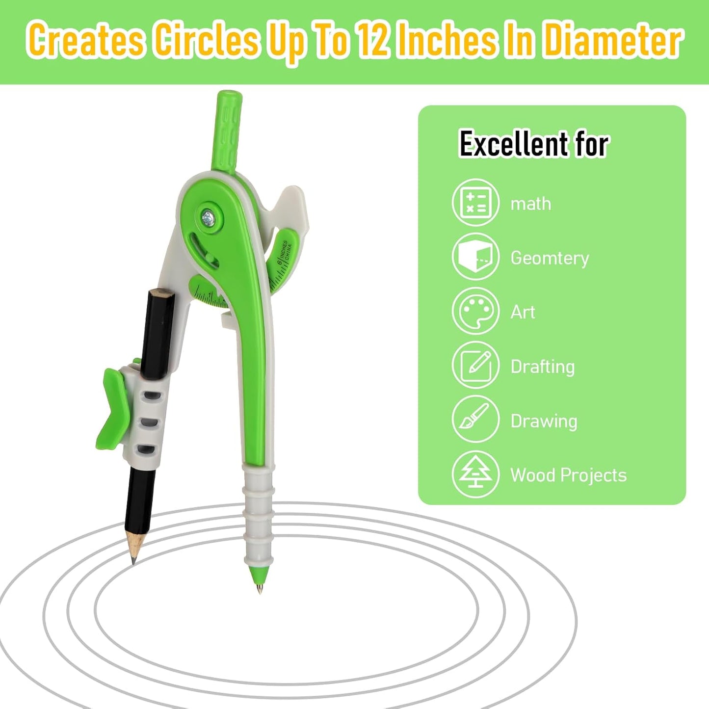 EBOOT Student Geometry Math Set, Drawing Compass and 6 Inch Clear Swing Arm Protractors 180 Degree Math Protractor (Green)