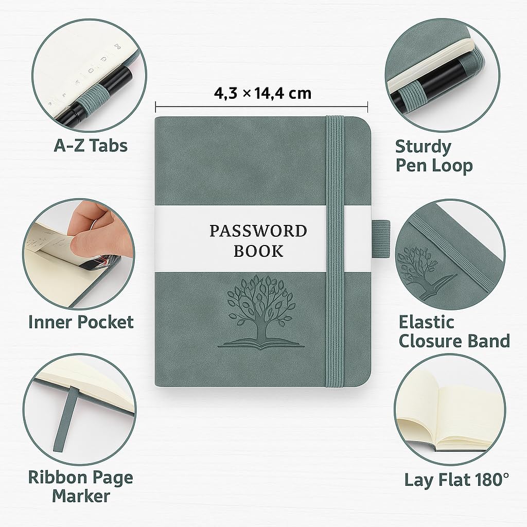 DAOFARY Password Book with Alphabetical Tabs - Small Password Keeper Book (5.6 * 4.3 in) with Inner Pocket, Hardcover Password Keeper Notebook for Log Internet Website Information (Blue Haze)
