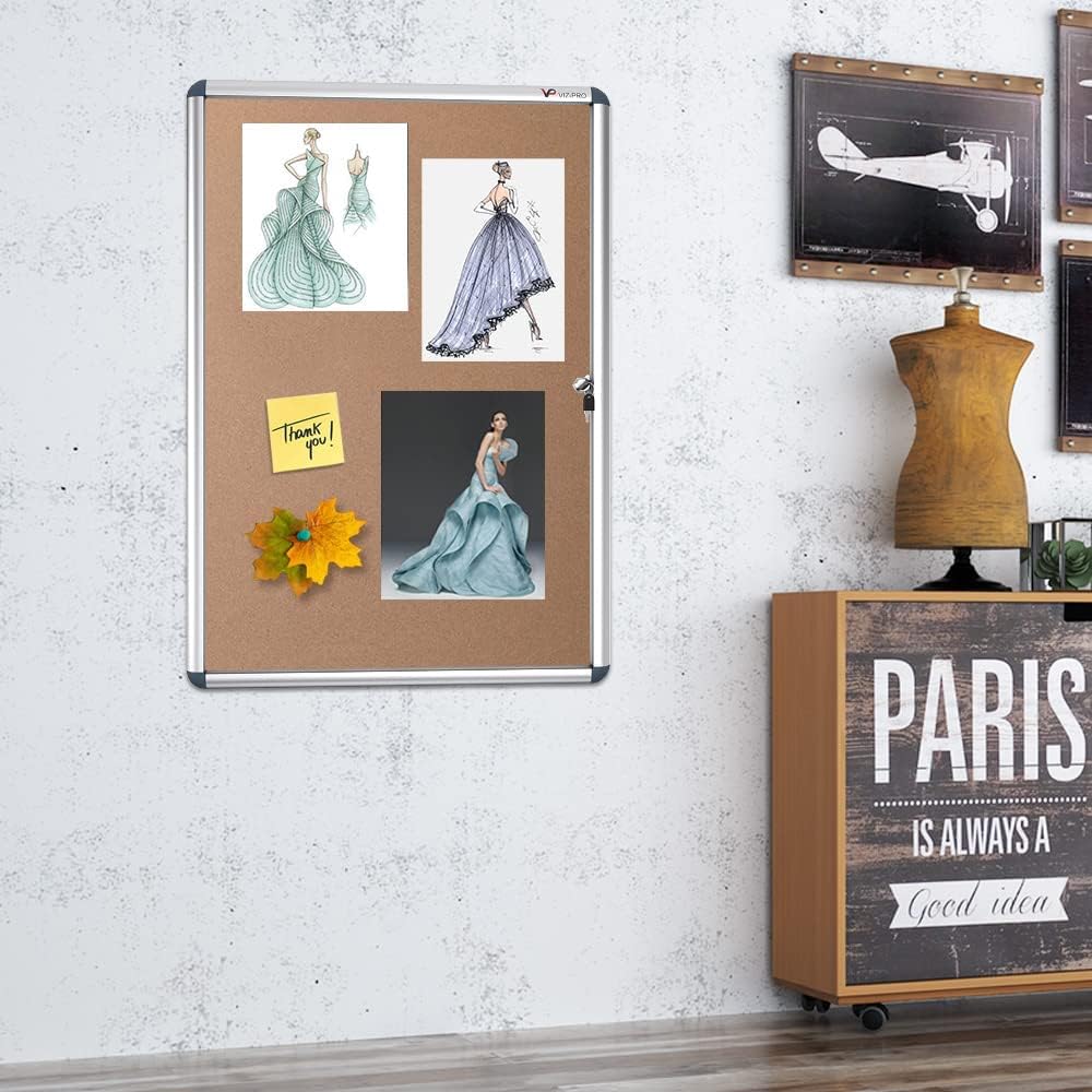 VIZ-PRO Tamperproof Lockable Cork Noticeboard Class 1 Aluminium Framed 36x24 Inches