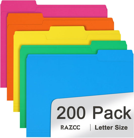 File Folder, RAZCC 200 Pack 1/3 Cut Tab Colored Folders, Colored File Folder Letter Size for Office Classroom Use, Folders with Tabs Assorted 5 Colors