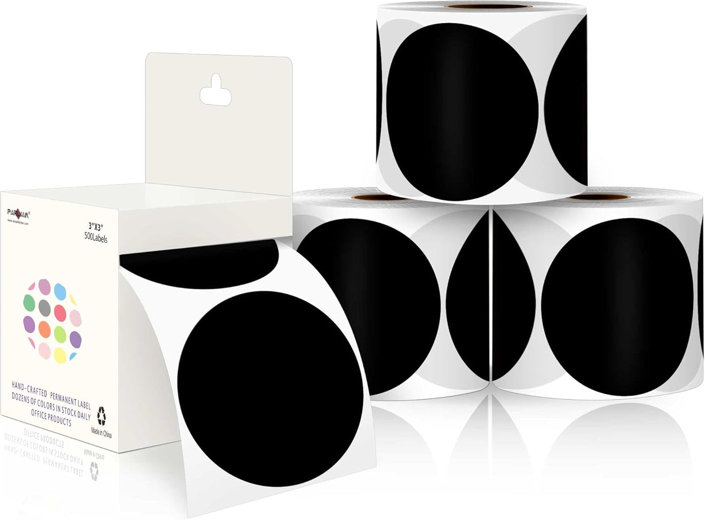 PARLAIM 3”Color Coding Labels Stickers,4Rolls/2000per Dispenser Box Round Adhesive Circle Dot Stickers for Inventory Office Home (Black)