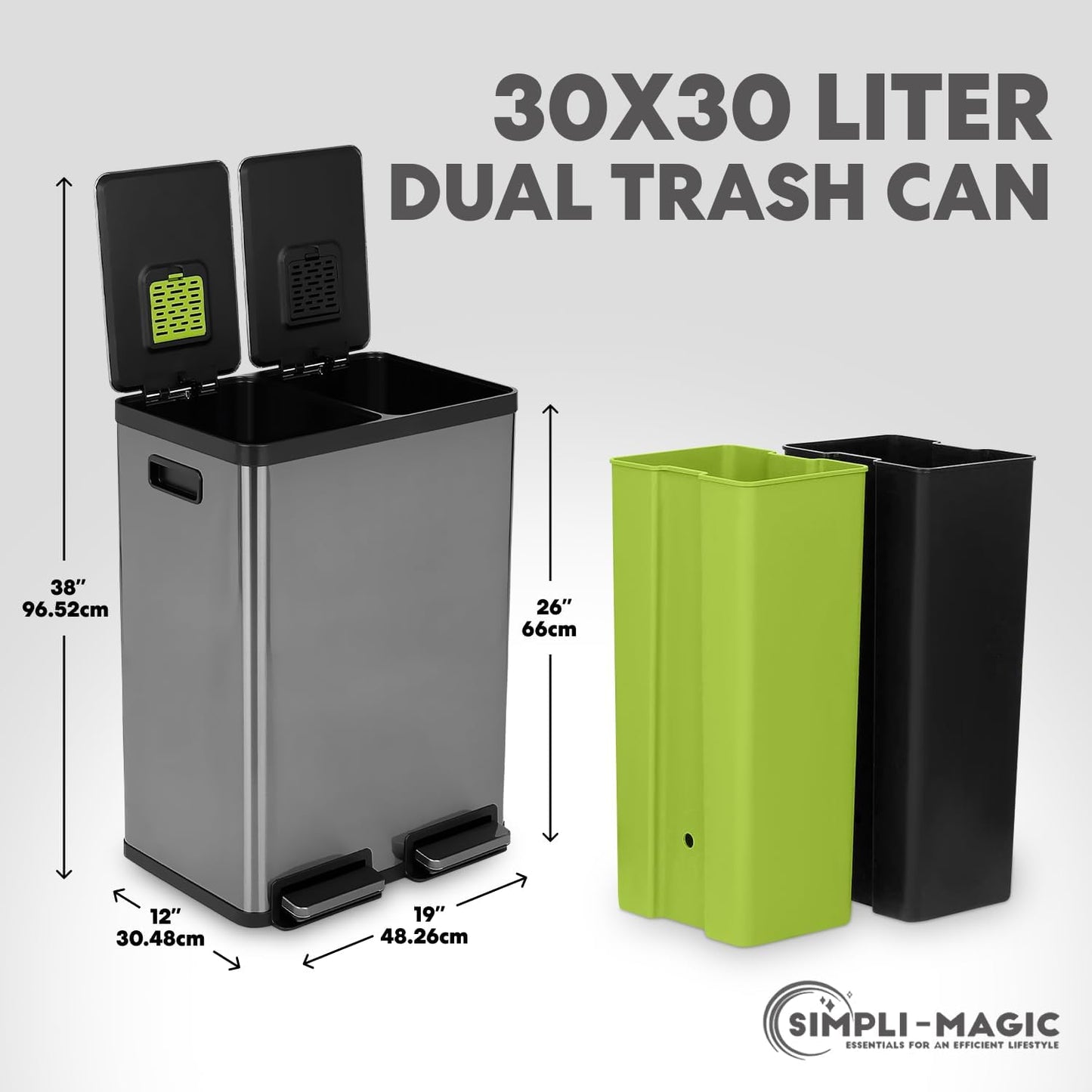 SIMPLI-MAGIC 16 Gallon (60L) Elegant Black Step Trash Can – Dual Compartment Kitchen Garbage Can with Waste & Recycling Bins – Slow-Close Lid, Odor Control, Hands-Free, Premium Stainless Steel