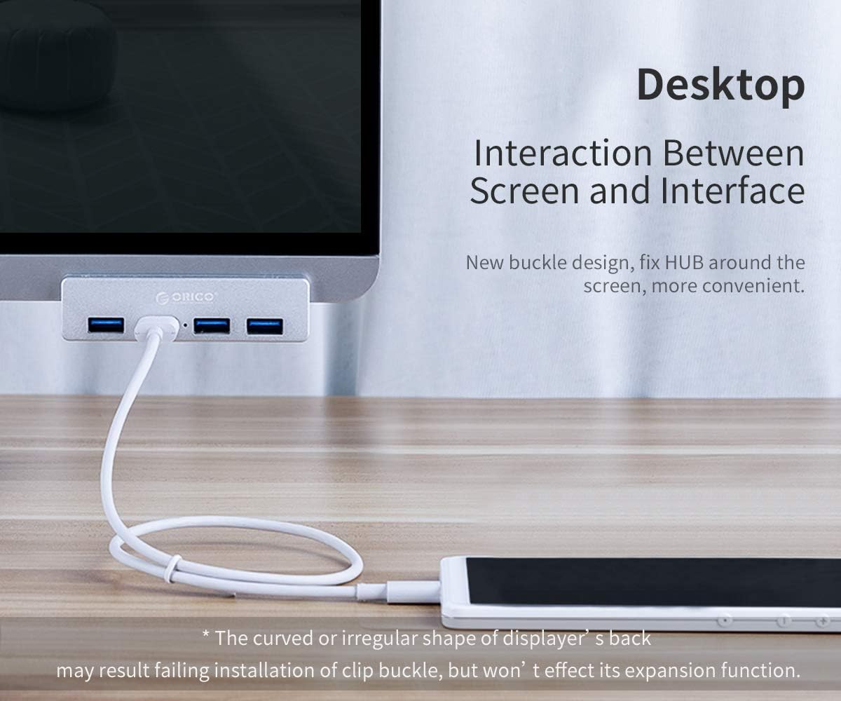 ORICO USB 3.0 Hub Clamp - Aluminum 4-Port USB Splitter With Extra Power Supply Port, 4.92 FT USB A to C Cable, Desktop Powered Hub for Monitors/Desks - Silver