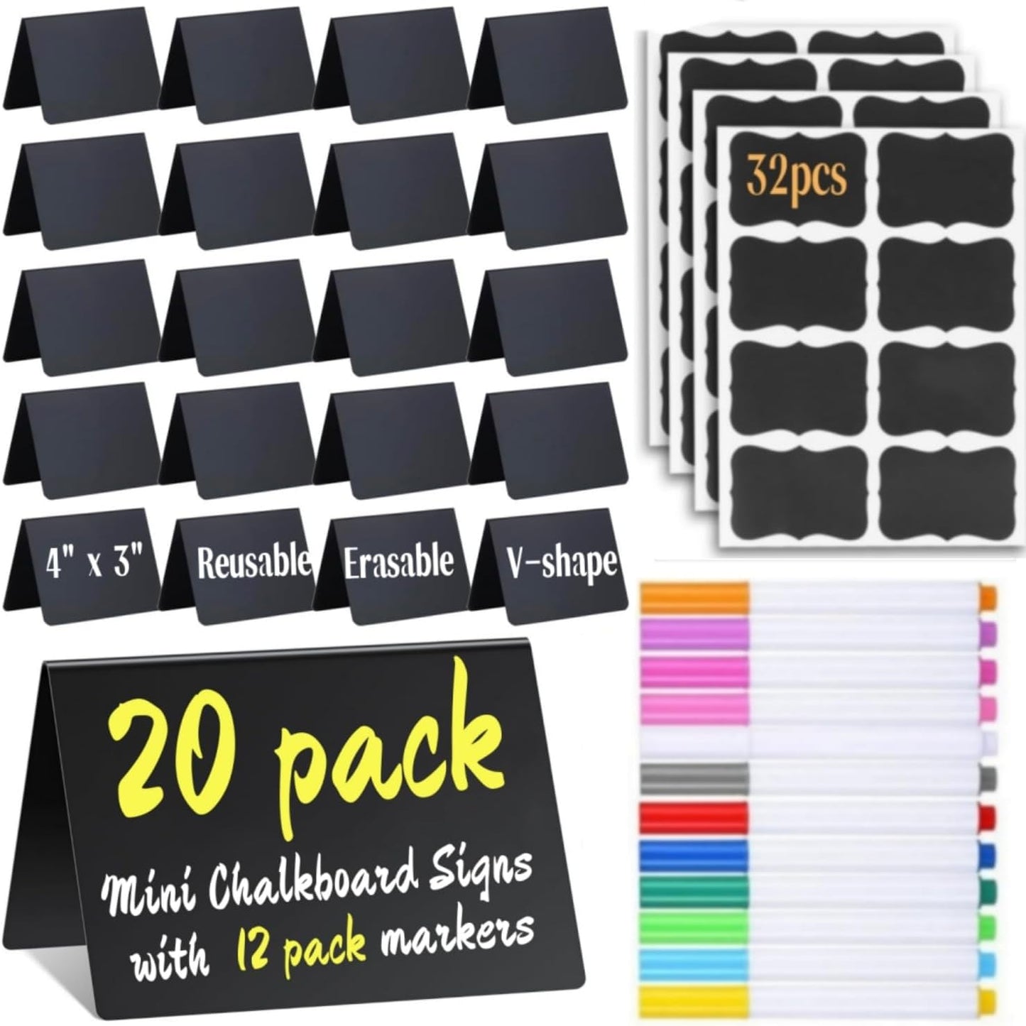 20 Pack Mini Chalkboard Signs Food Labels for Party Buffet, Reusable Small Chalk Boards for Birthday Bakery Wedding Table Signs Food Tags Place Cards with 12 Markers, 32 Blackboard Stickers