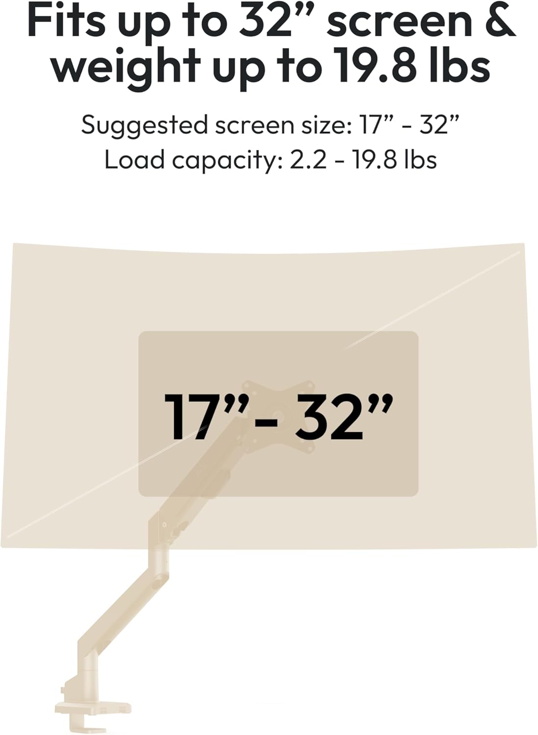 Pixio PS1S Wave Beige Single Monitor Arm Stand Desk Mount - Fits up to 32 inches Monitors and up to 19.8lbs. VESA Compatibility and Integrated Cable Management