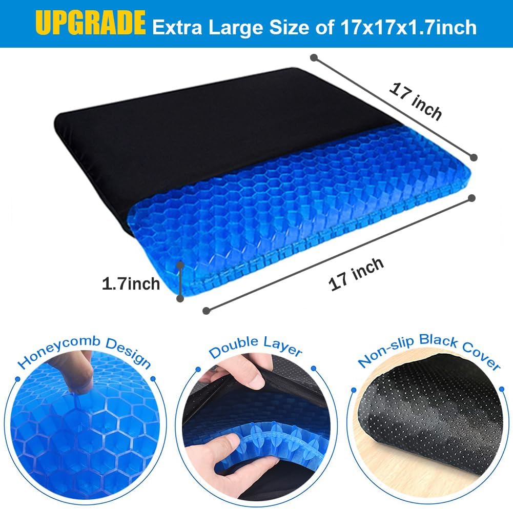 Extra Large Gel Seat Cushion, 17x17inch Double Thick Egg Gel Cushion for Pressure Pain Relief, Breathable Wheelchair Cushion Chair Pads for Car Seat Office Chair (Blue)