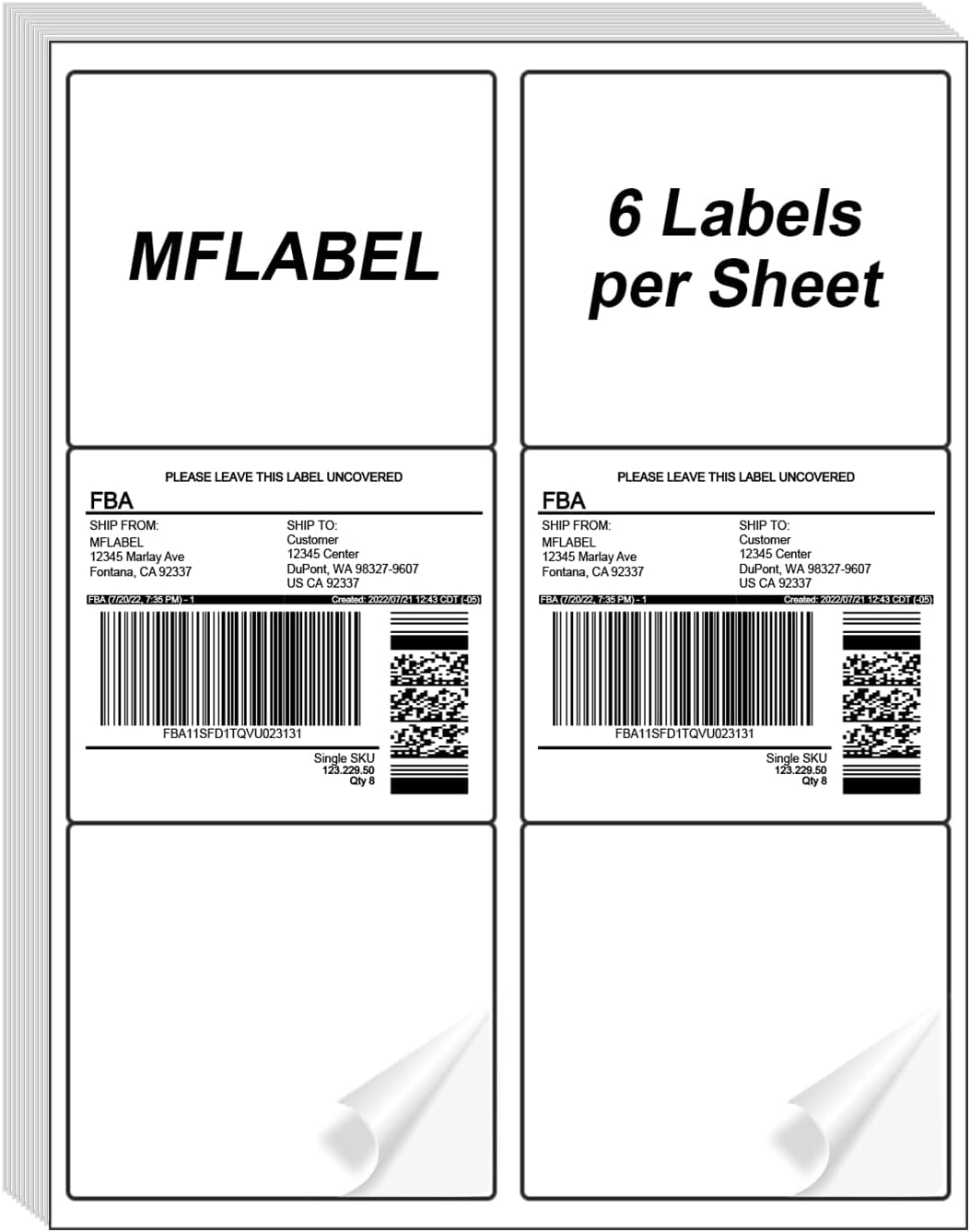 MFLABEL 3-1/3" x 4" FBA Shipping Labels - 6-UP on 8.5x11 Sheet, 100 Sheets (600 Labels) | Easy Peel & Pop-Out Design for Laser & Inkjet Printers | Address Labels for Amazon FBA, UPS, FedEx