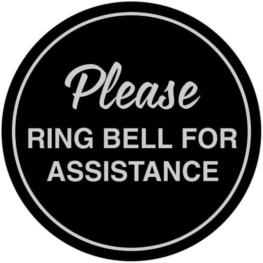 Signs ByLITA Circle Please Ring Bell For Assistance Wall or Door Sign | Easy Installation | Front Desk Reception Sign (Black/Silver) - Large (2 Pack)
