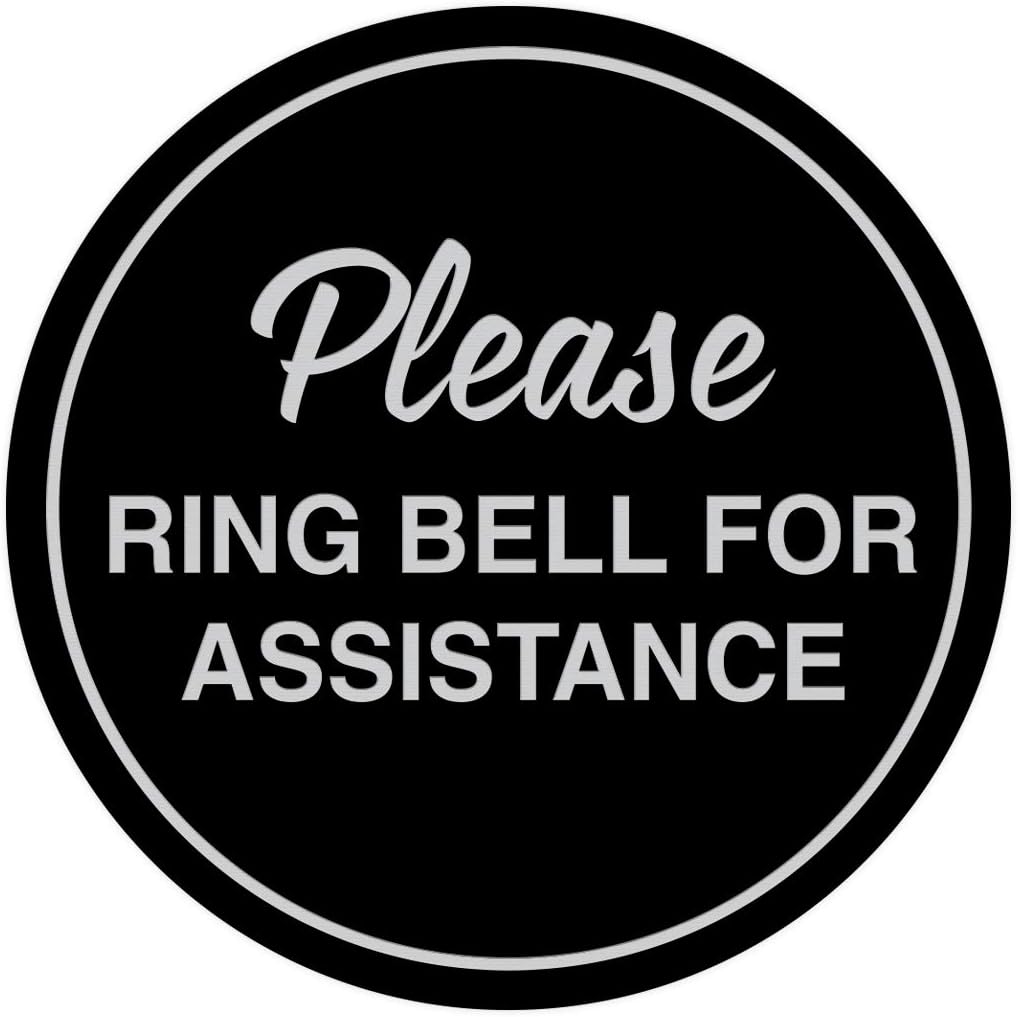 Signs ByLITA Circle Please Ring Bell For Assistance Wall or Door Sign | Easy Installation | Front Desk Reception Sign (Black/Silver) - Large (5 Pack)