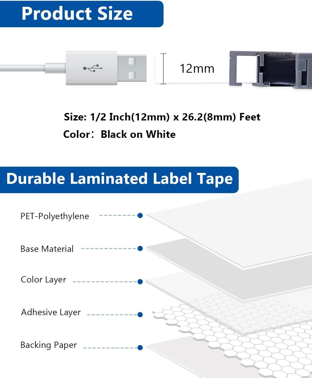 Value Pack TZe TZ Tape 12mm 0.47" Laminated Black on White Compatible for Ptouch Tape 1/2 Inch Refills for P Touch PT-H110 D210 D220 D400 D600 Label Maker, 30-Pack
