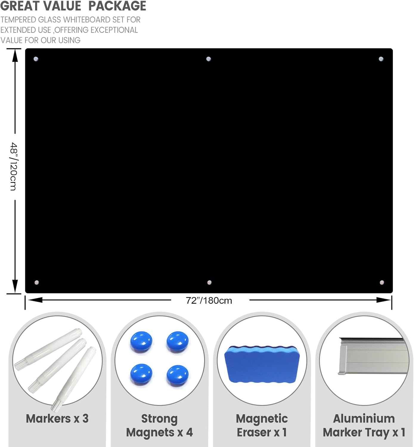 Magnetic Glass Writeboard 72"x48" Premium Tempered Dry Erase Boards Wall Mounted Frameless Whiteboard Bulletin Message Boards (Black)