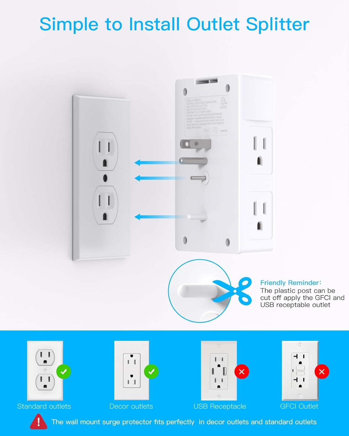 Surge Protector, 5 Outlets Extender with 4 USB Ports(USB C PD20W), 3-Side 1680J Power Strip Multi Plug Outlet Expander, USB Wall Charger, Outlet Splitter Adapter Wall Mount for Home Office(White)