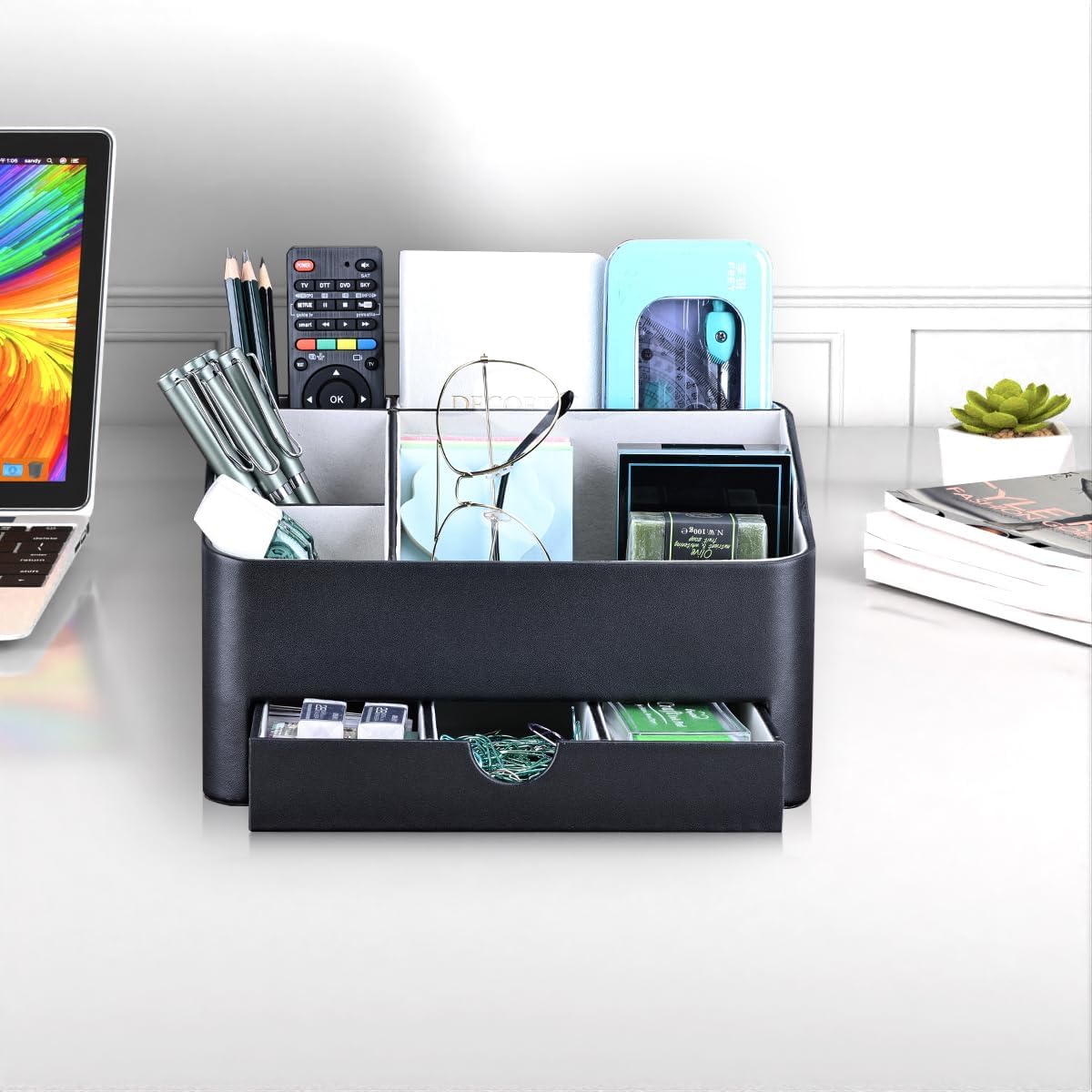 KINGFOM Desk Organizer with Drawer, Multifunction Pencil Holder for Desk, Desk Organizer and Accessories 5 Comparetments for Home Office Supplies (Black)