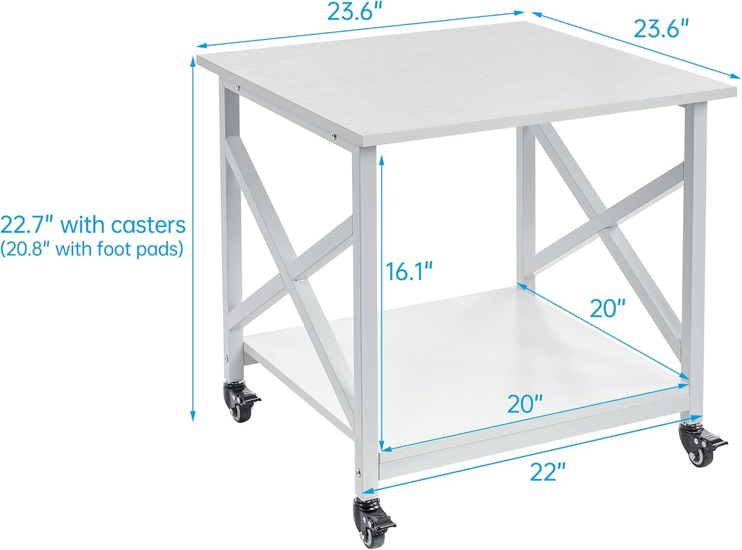23.6 x 23.6 Inches Large Printer Stand, 2 Tier Square Printer Table with Storage Shelf for Home Office, Multi-use Rolling Cart with Wheels for Laser, 3D Printer and Mini Fridge - White