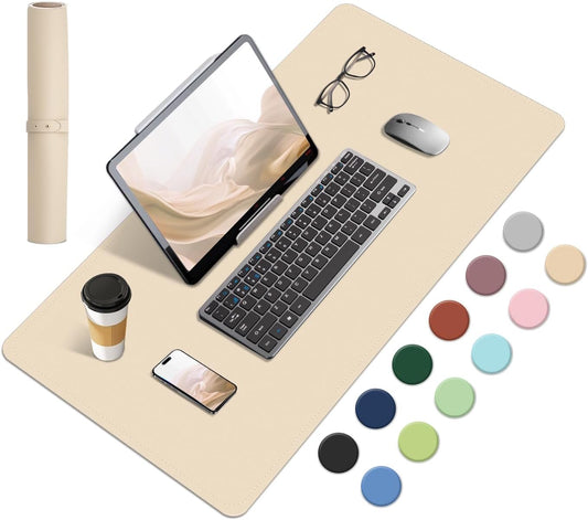 Dual-Sided Desk Pad, Natural Cork & PU Leather Mouse Pad for Desk, Desk Pad Protector, Non-Slip Desk Mat for Office and Home Work, (Apricot, 23.6" x 13.7")