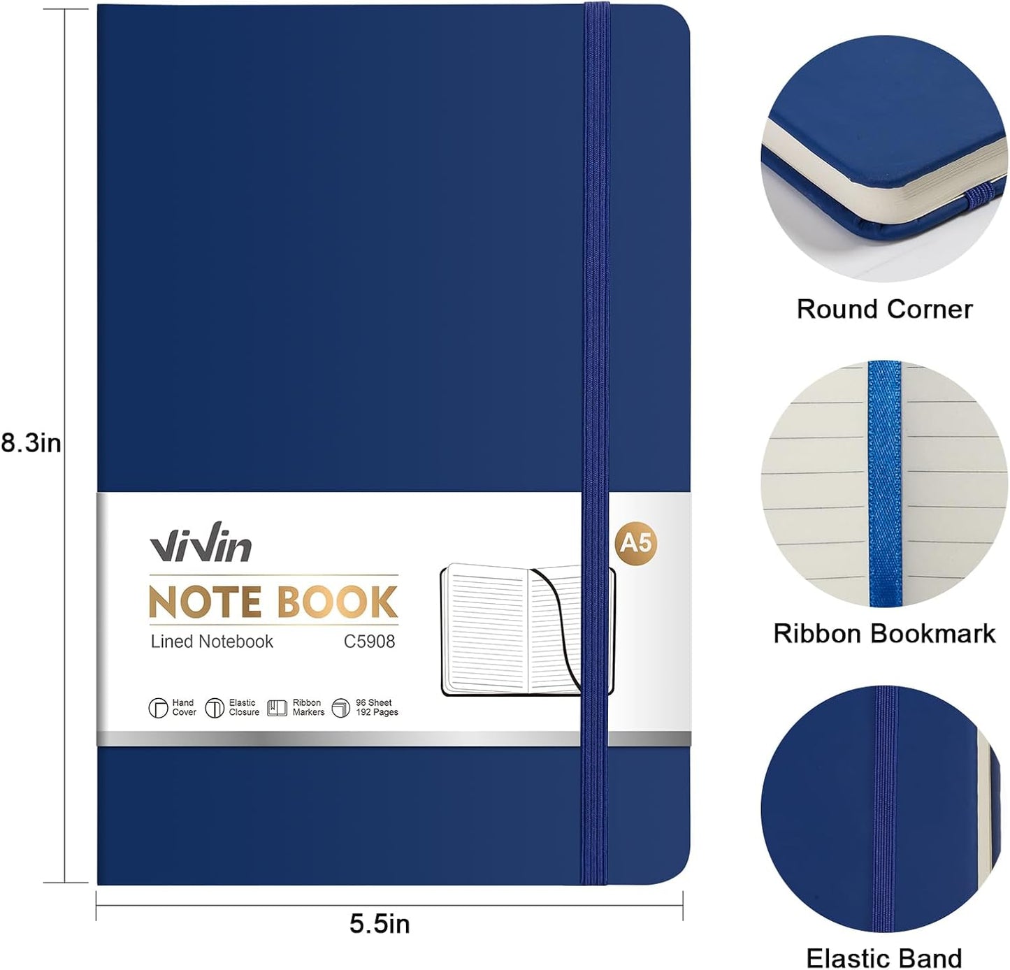 ViVin Lined Journal Notebooks for Work, 192 Pages, Medium 5.5 x 8.3 inch, College Ruled, A5 Hardcover Journaling Notebooks for Writing, 8 Pack Bulk