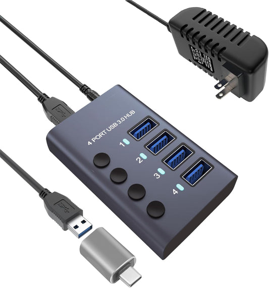MaxLax 4 Port Aluminum USB 3.0 hub with 4 Port USB Data Transfer,36W (12V/3A) Power Adapter USB Splitter Independent Switch