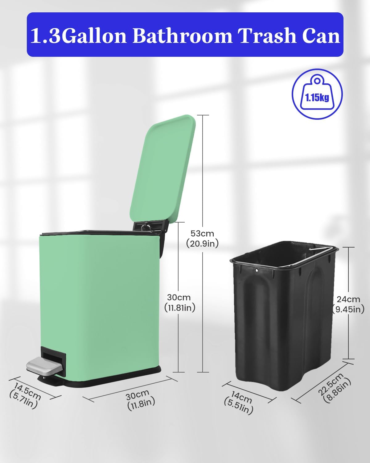 Bathroom Trash Can with Lid，5 Liter / 1.3 Gallon Small Trash Can with Removable Liner Bucket, Soft Close lid & Step Pedal, Stainless Steel Trash Bin for Bathroom,Bedroom,Home Office, Green