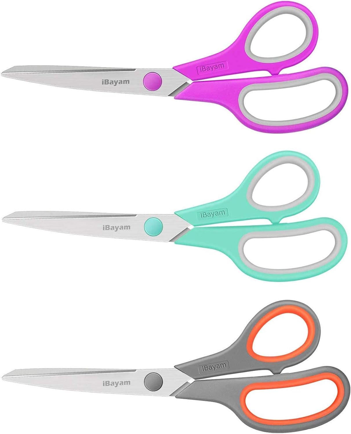 Scissors, iBayam 8" All Purpose Scissors Bulk 3-Pack, Ultra Sharp 2.5mm Thick Blade Shears Comfort-Grip for Office Desk Accessories Sewing Fabric Home Craft Teacher School Supplies, Right/Left Handed