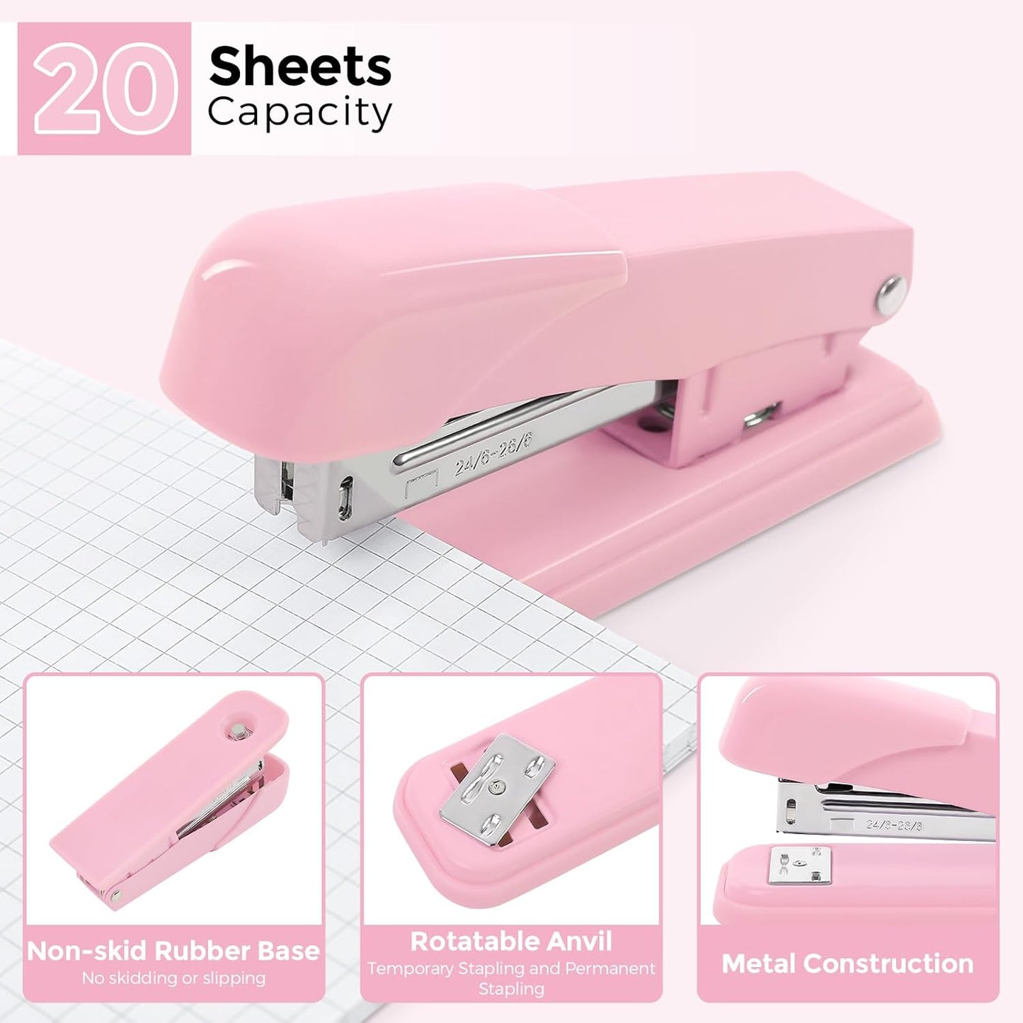 SKYDUE Pink Office Desk Accessories, Pink Office Supplies, Stapler, Tape Dispenser, Scissors, Clips and 1000pcs Staples,Office Supplies for Desk for Women