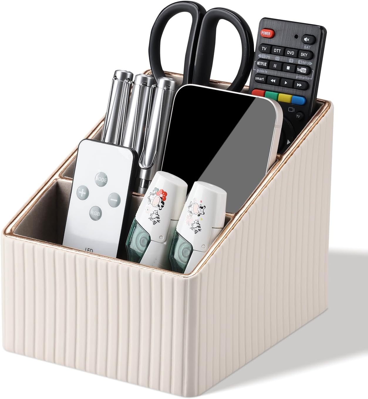 KINGFOM Remote Control Holder with 3 Compartments, Pu Leather Remote Caddy Desktop Organizer for TV, CD, Blu-Ray, Media Player, Heater Controllers and Cosmetics Office Supplies Light Beige
