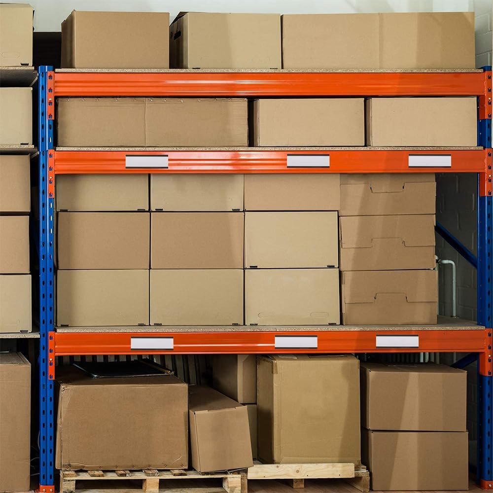 50 Pack C-Channel Magnetic Label Holders (1″ x 2″) with Paper Inserts & Clear Covers – Durable Magnetic Shelf & File Cabinet Labels for Metal Surfaces