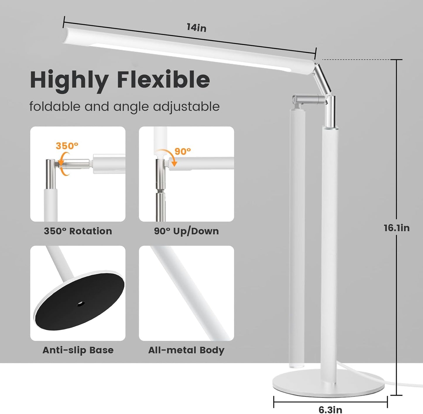 White LED Desk Lamp - Foldable Industrial Desk Light for Home Office, 15W Dimmable Table Lamp for Reading with Base, 4 Color Temps, 16" Eye Caring Metal Desktop Task Lamp for College Dorm Study