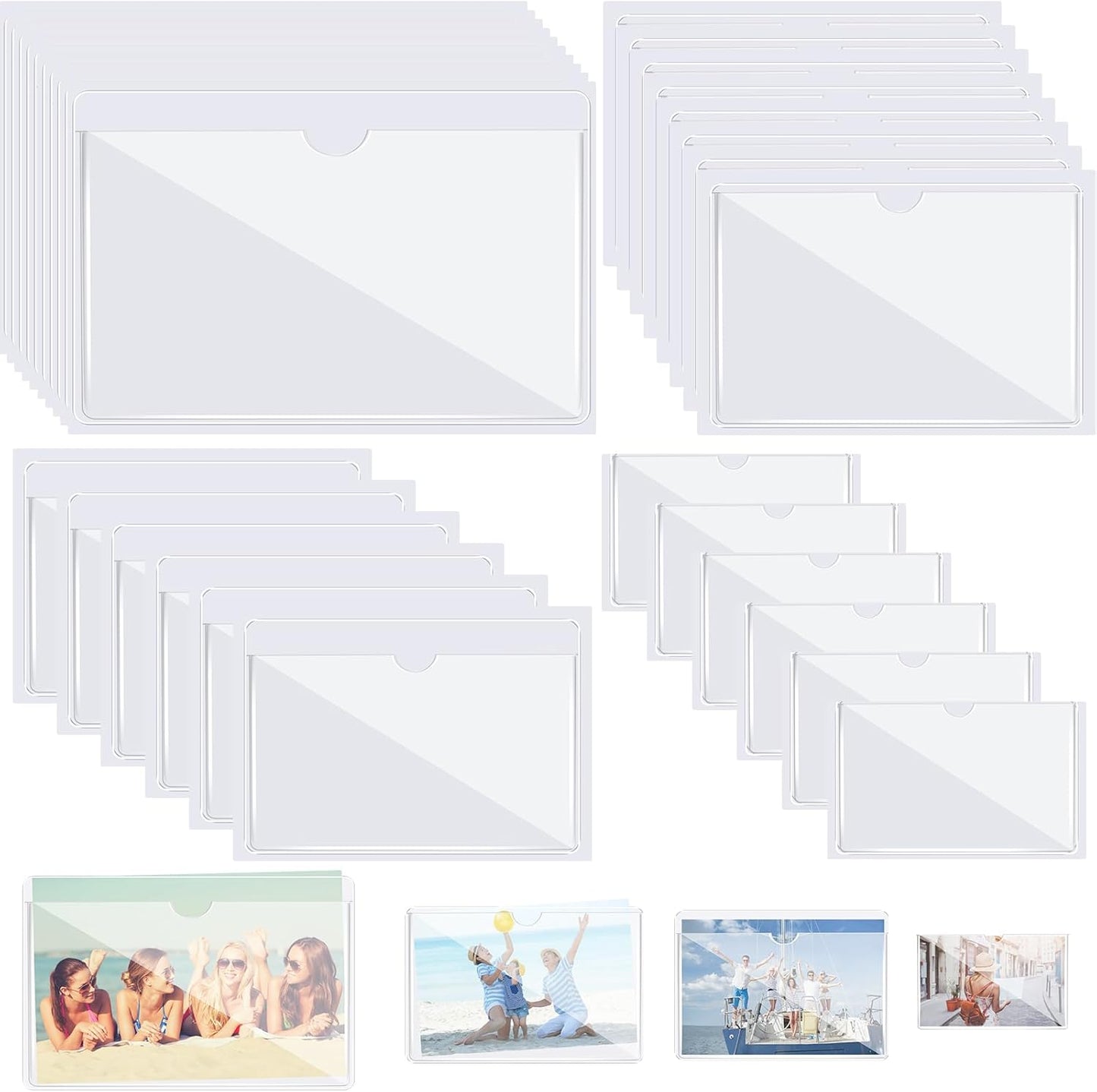 Outus 100 Pcs Clear Self Adhesive Pockets - Bin Labels for Storage Bins, Pocket Label Sleeves, Plastic Index Card Holder with Top Open for Organizing Bins Box Drawer(Mixed Sizes)