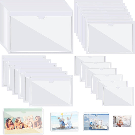 Outus 100 Pcs Clear Self Adhesive Pockets - Bin Labels for Storage Bins, Pocket Label Sleeves, Plastic Index Card Holder with Top Open for Organizing Bins Box Drawer(Mixed Sizes)
