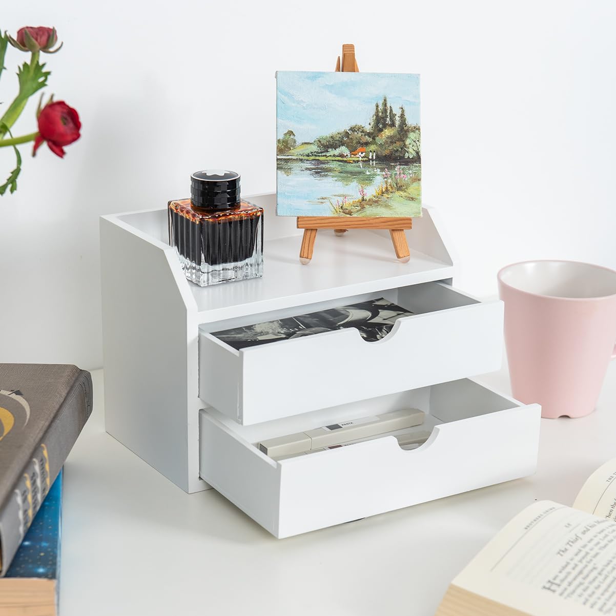 ZGZD Wooden Organizer Mini Desk Drawer Tabletop Office Supplies Desk Accessories for Office or Home (2 Drawers)