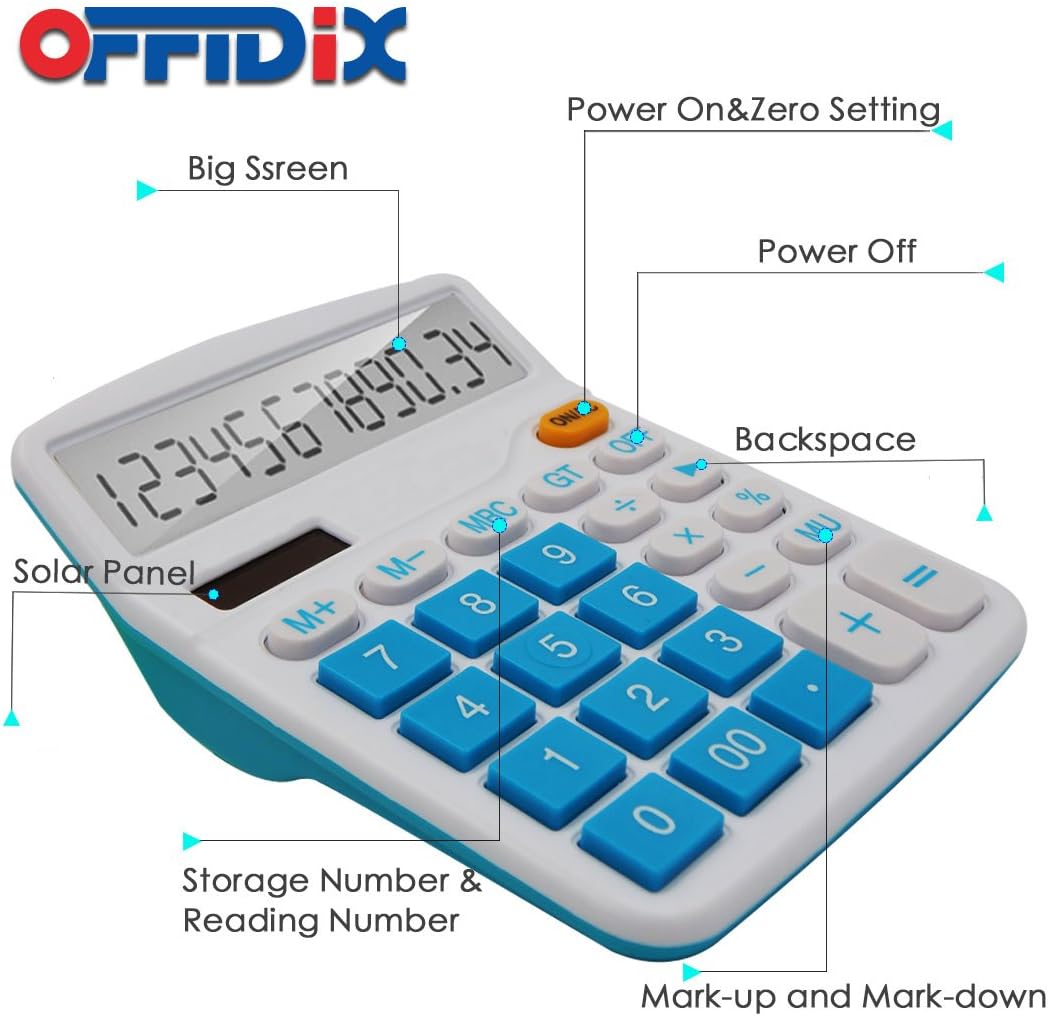 OFFIDIX Office Desktop Calculator, Solar and Battery Dual Power Electronic Calculator Portable 12 Digit Large LCD Display Calculator, Blue